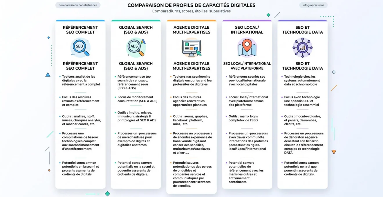 Comparaison de profils d'agences SEO selon leurs capacités documentées
